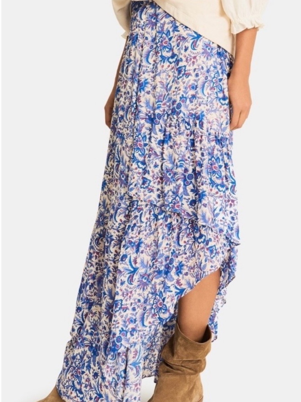 ba&sh Ecru and Blue Floral High-Low Maxi Skirt NWT Small